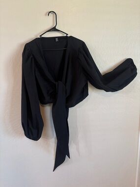 SHEIN Black Long-Sleeve Tie-Front Blouse